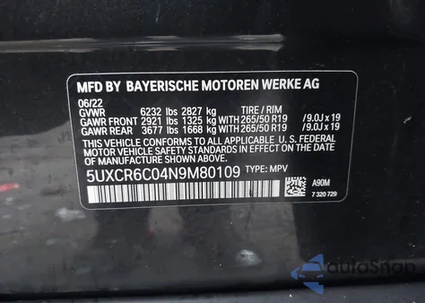 2022 BMW X5 xDrive40I from USA, damaged, VIN 5UXCR6C04N9M80109